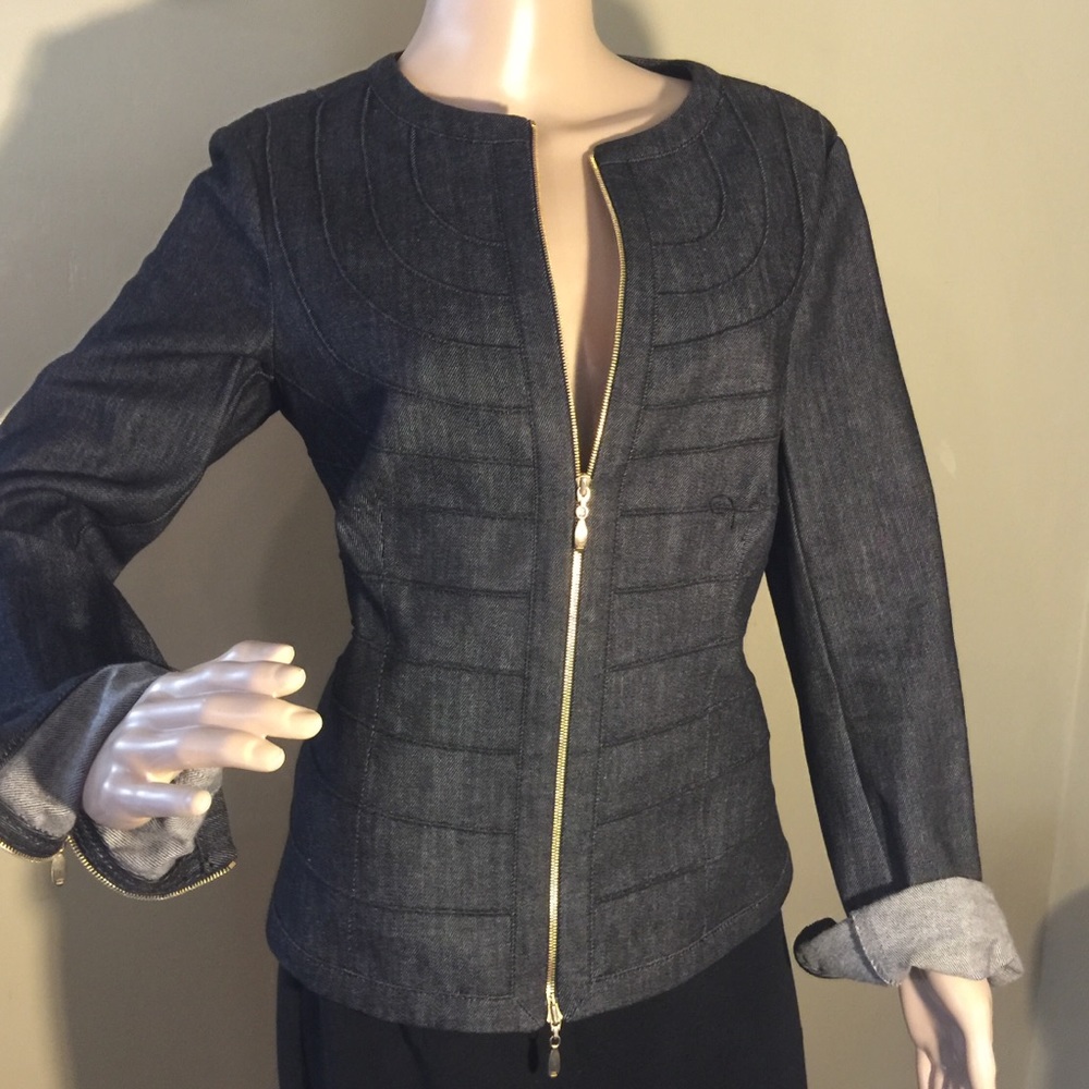 Escada new Black Denim Blazer with gold zippers